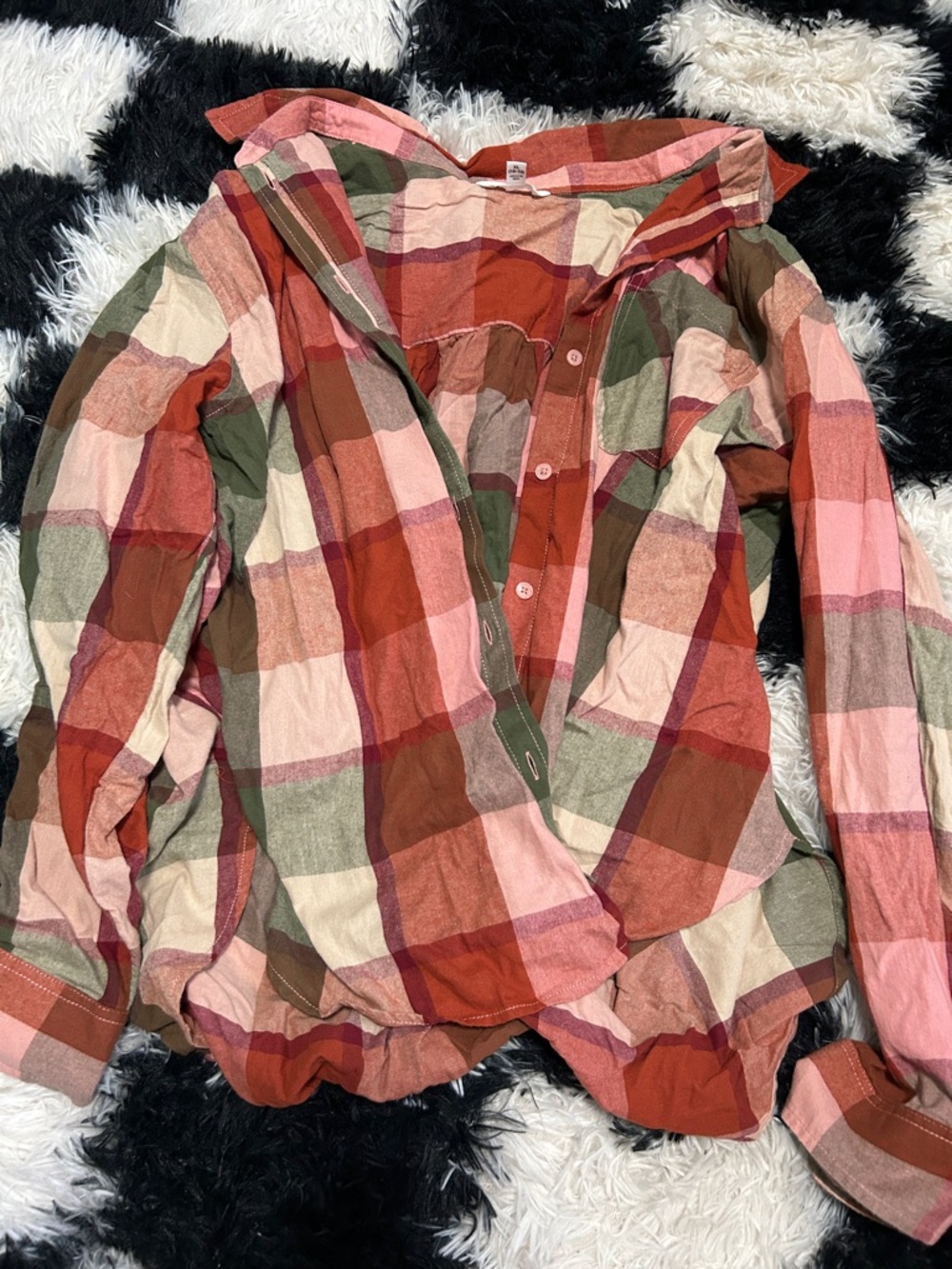 Time and Tru Red Pink Green Plaid Button-Down Shirt